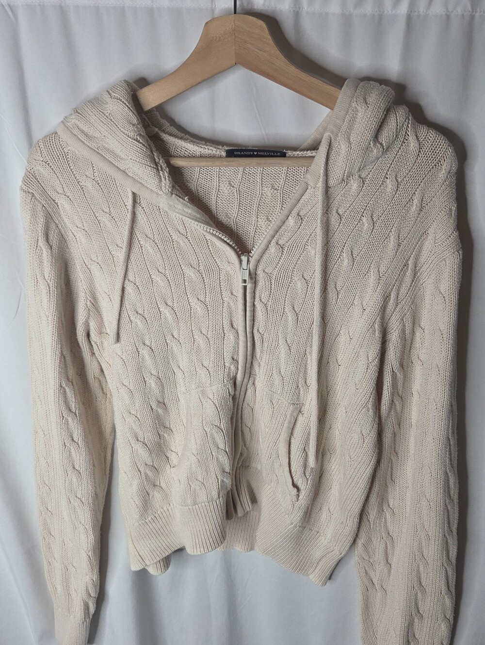 Brandy Melville Ivory Cable-Knit Zip Hoodie Small